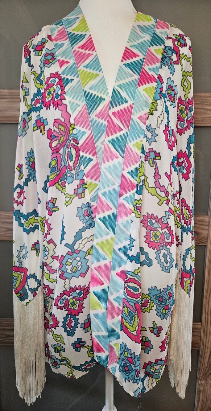 Gorgeous Colorful Fringe Cover Up Boho Abstract DEPT222 Marked 1X Fits Most! E69